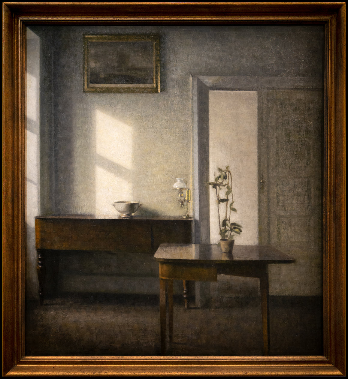 Vilhelm Hammershøi, Interior with Potted Plant on Card Table, Bredgade 25 (1910-1911). Collection of Malmö Konstmuseum